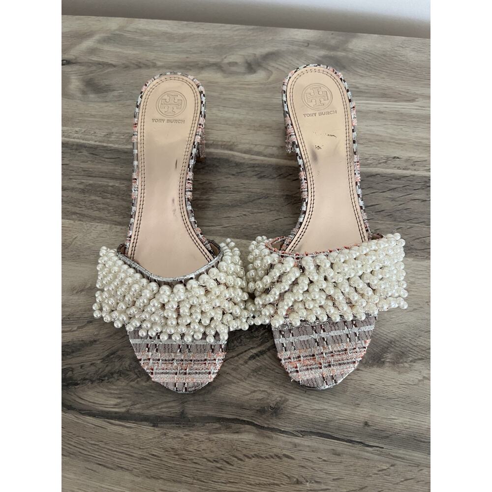 Tory Burch TATIANA Beaded PEARL Tweed Slide Sandals lurex Heels US 10 - Picture 5 of 8
